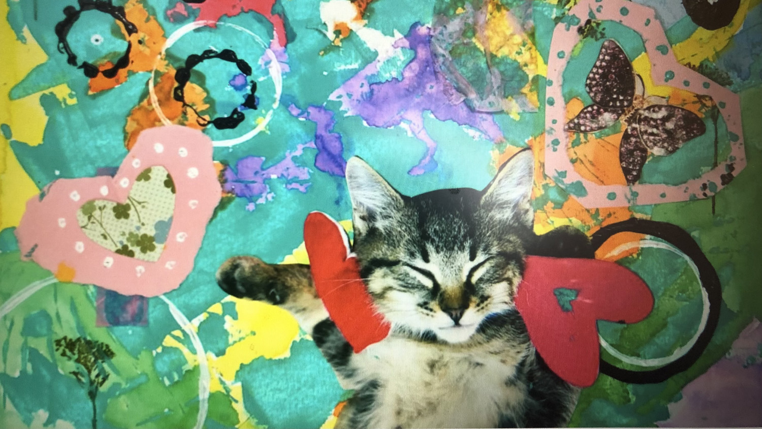 Collage mit Katze aus Papier und Stoff.